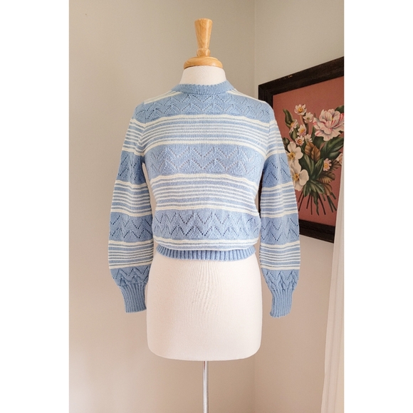 70s Pointelle Long Sleeve Cutwork 1970s Vintage Blue Striped Vintage Sweater - Picture 5 of 16